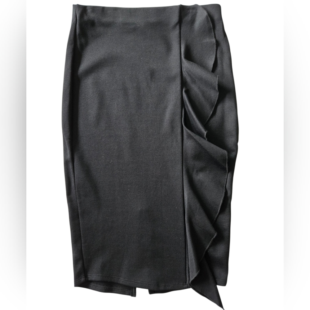 Venus Black Ruffle Pencil Skirt NWOT Size S Midi Stretch Bodycon Workwear